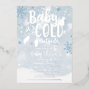 Baby It's Cold Outside Blauwe Winter Jongen Baby B Folie Uitnodiging