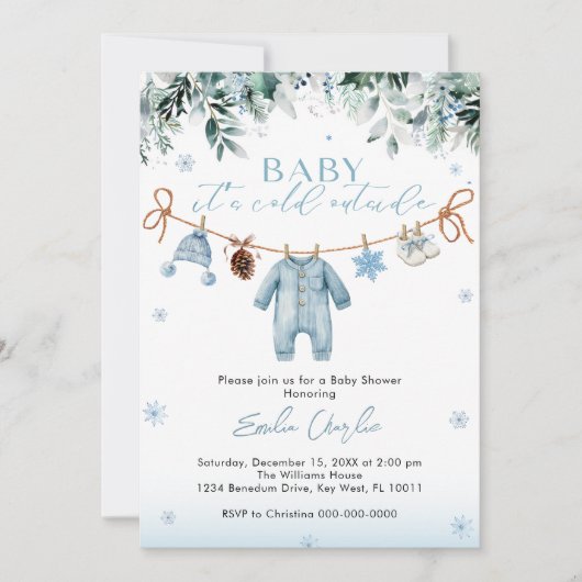 Baby it's Cold Outside Blue Clothes Baby Shower Kaart (Voorkant)
