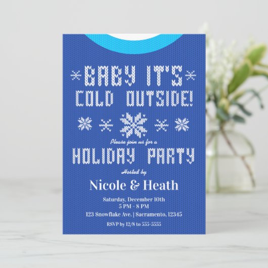 Baby It's Cold Outside Blue Sweater Holiday Party Kaart (Staand voorkant)