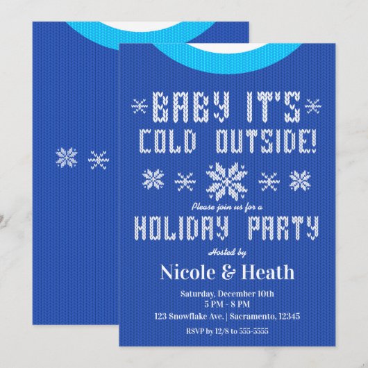 Baby It's Cold Outside Blue Sweater Holiday Party Kaart (Voorkant / Achterkant)