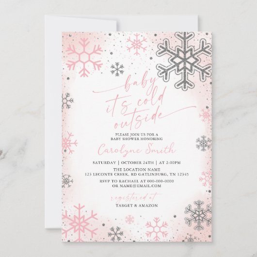Baby Its Cold Outside Pink Baby Shower Invitation Kaart (Voorkant)