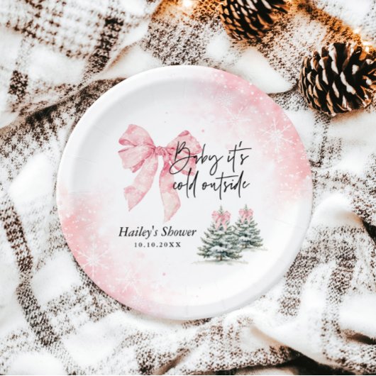 Baby Its Cold Outside, Pink Bow Winter Baby Shower Papieren Bordje