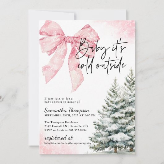 Baby It's Cold Outside Pink Bow Winter Shower Kaart (Voorkant)