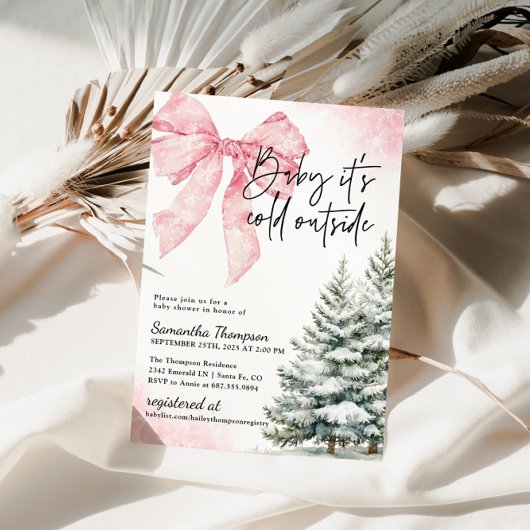Baby It's Cold Outside Pink Bow Winter Shower Kaart