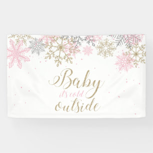 Baby It's Cold Outside roze gouden glittersneeuwvl Spandoek