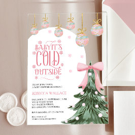 Baby It's Cold Outside Winter Roze Strik Baby Borr Acryl Uitnodigingen