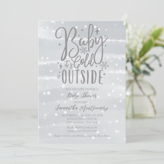 Baby It's Cold Outside Zilveren Grijze Baby Shower Kaart (Staand voorkant)