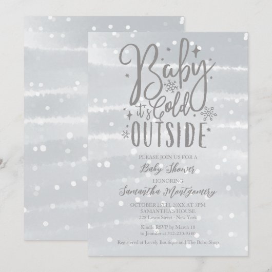 Baby It's Cold Outside Zilveren Grijze Baby Shower Kaart (Voorkant / Achterkant)