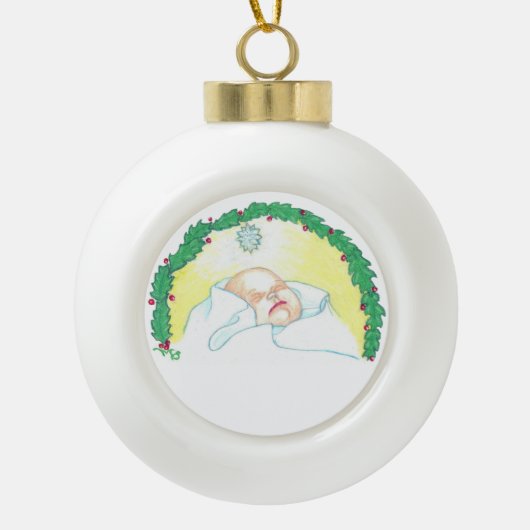 Baby Jesus Enwreathed Keramische Bal Ornament (Voorkant)