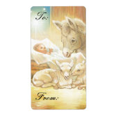 Baby Jesus Geboorte met Lambs & Ezel Cadeau Labels (Voorkant)