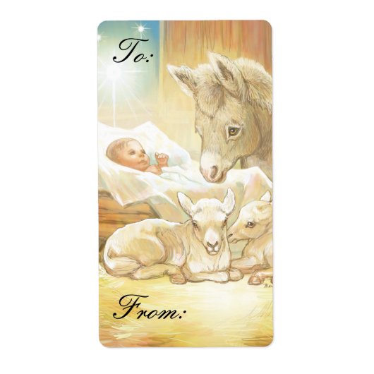 Baby Jesus Geboorte met Lambs & Ezel Cadeau Labels (Voorkant)