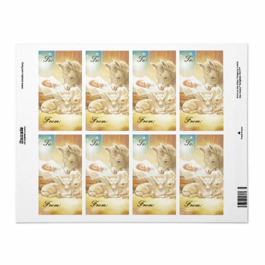 Baby Jesus Geboorte met Lambs & Ezel Cadeau Labels (Full Sheet)