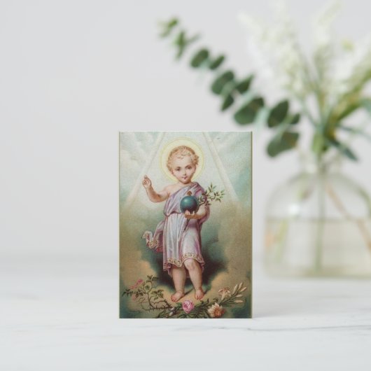 Baby Jesus houdt de Wereldheilige kaarten vast Visitekaartje (Staand voorkant)