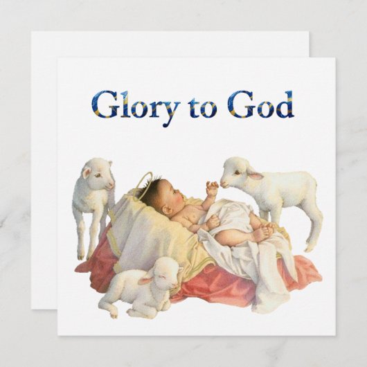 Baby Jesus in a manger with lambs Glory to God Feestdagenkaart (Voorkant / Achterkant)