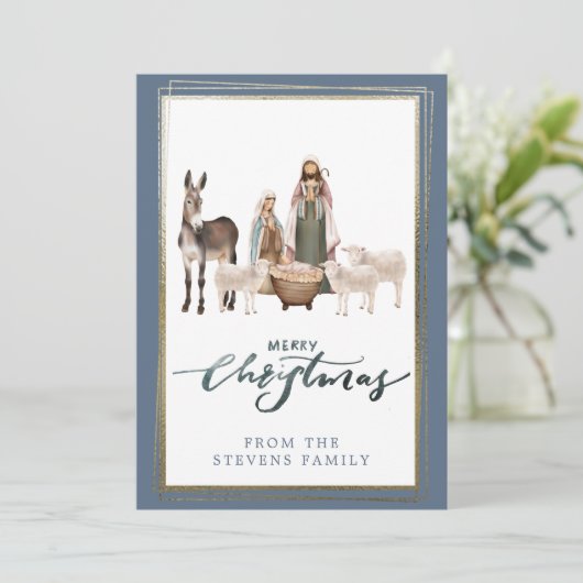 Baby Jesus in de Manger Geboorte Foto Kerstmis Kaart (Staand voorkant)