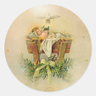 Baby Jesus in Manger Dove Ronde Sticker