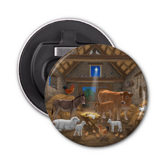 Baby Jesus Manger Heilige Kerstnacht Button Flesopener (Voorkant)