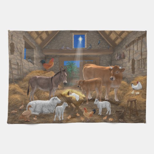 Baby Jesus Manger Heilige Kerstnacht Theedoek (Horizontaal)