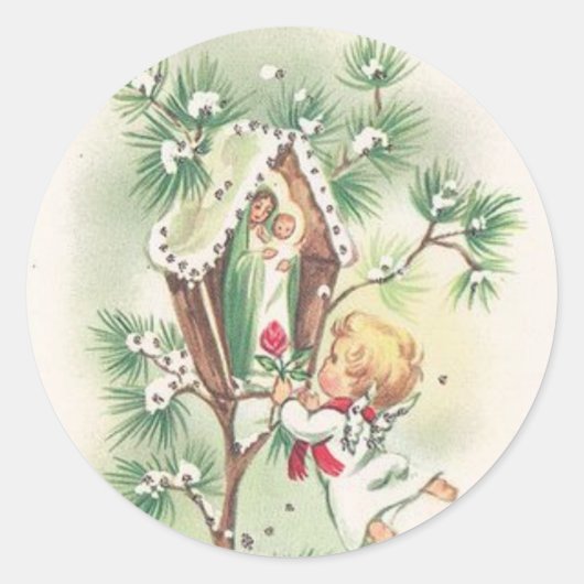 Baby Jesus Manger Kerstmis Bells Ribbon Ronde Sticker (Voorkant)