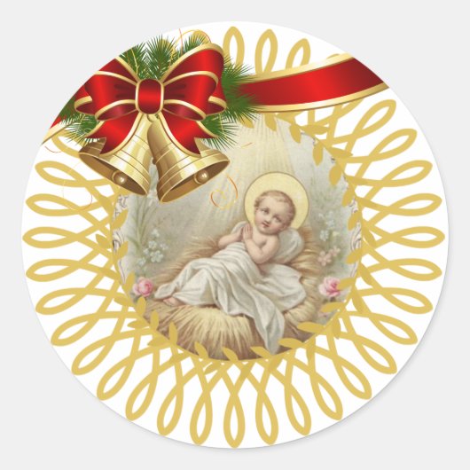 Baby Jesus Manger Kerstmis Bells Ribbon Ronde Sticker (Voorkant)