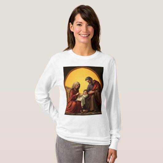 Baby Jesus Mary en Joseph Vrouwen Lange Mouw T-shi T-shirt (Voorkant volledig)