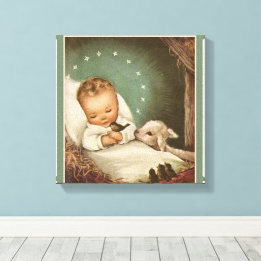 Baby Jesus met lam & vogel in kribbe Canvas Afdruk (Insitu (Houten vloer))