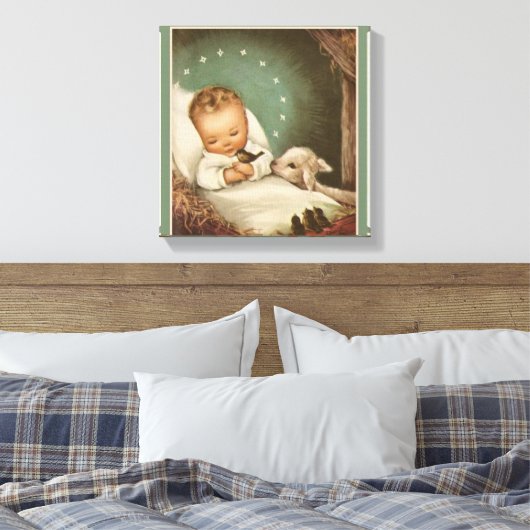 Baby Jesus met lam & vogel in kribbe Canvas Afdruk (Insitu (Slaapkamer))
