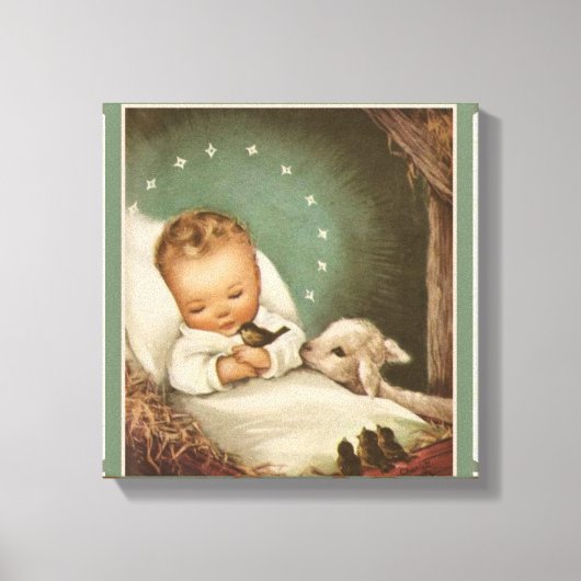 Baby Jesus met lam & vogel in kribbe Canvas Afdruk (Voorkant)
