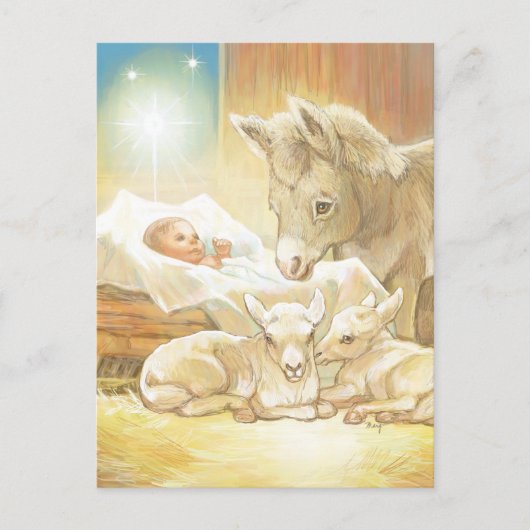 Baby Jesus Natitivity met Lambs en Donkey Briefkaart (Voorkant)