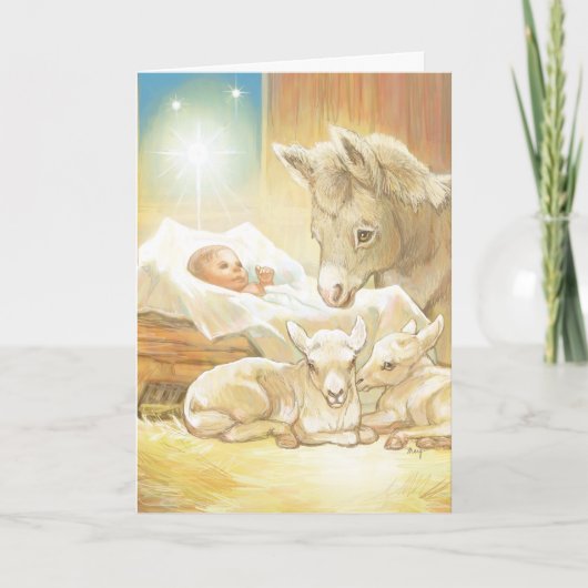 Baby Jesus Natitivity met Lambs en Donkey Feestdagen Kaart (Voorkant)