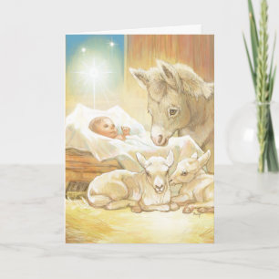 Baby Jesus Natitivity met Lambs en Donkey Feestdagen Kaart