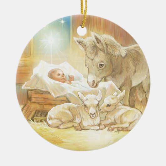 Baby Jesus Natitivity met Lambs en Donkey Keramisch Ornament (Voorkant)