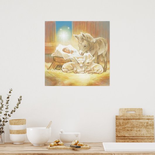 Baby Jesus Natitivity met Lambs en Donkey Poster (Keuken)