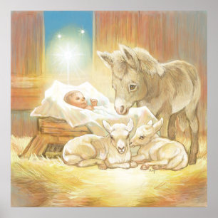 Baby Jesus Natitivity met Lambs en Donkey Poster