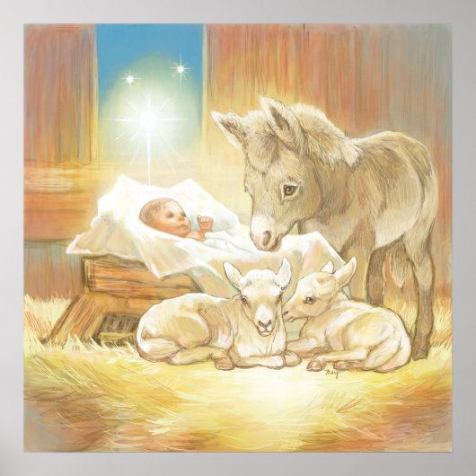Baby Jesus Natitivity met Lambs en Donkey Poster (Voorkant)