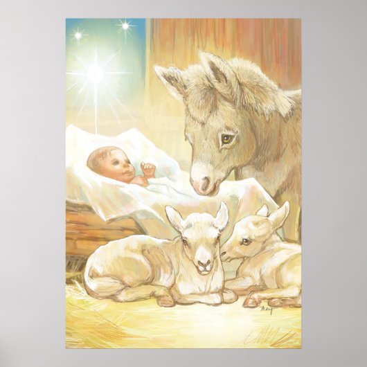 Baby Jesus Natitivity met Lambs en Donkey Poster (Voorkant)