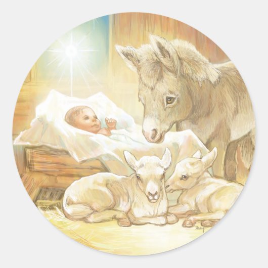 Baby Jesus Natitivity met Lambs en Donkey Ronde Sticker (Voorkant)
