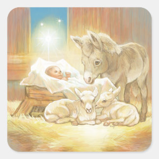 Baby Jesus Natitivity met Lambs en Donkey Vierkante Sticker