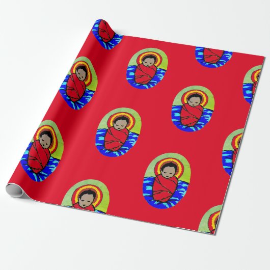 BABY JESUS OP ROOD KERSTINPAKPAPIER CADEAUPAPIER (Uitgerold)