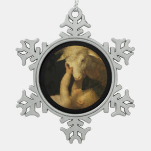 Baby Jesus raakt het gezicht van Lamb Tin Sneeuwvlok Ornament