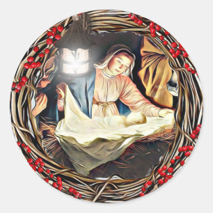 Baby Jezus en Maagd Mary Natitivity Kerstmis Ronde Sticker
