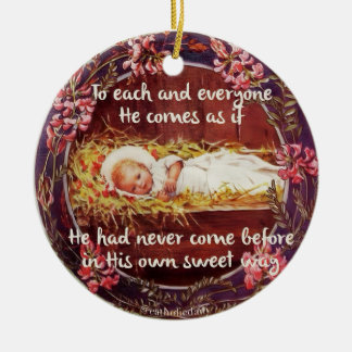 Baby Jezus in de kribbe rond het Ornament