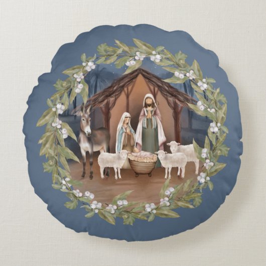 Baby Jezus in de Manger Nativiteit Rond Kussen (Voorkant)
