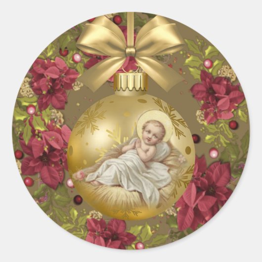 Baby Jezus in Manger Kerstmis Floral Wreath Ronde Sticker (Voorkant)