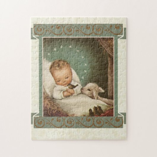 Baby Jezus in Manger met lamsvlees en vogel Legpuzzel (Verticaal)