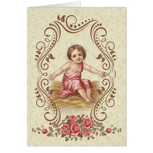 Baby Jezus met roze rozen decoratieve gouden grens (Voorkant)