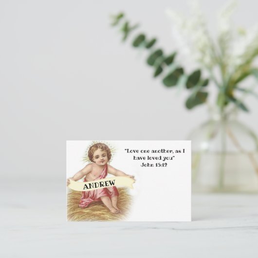 Baby Jezus met Scriptcitaat Religieuze kaarten Visitekaartje (Staand voorkant)