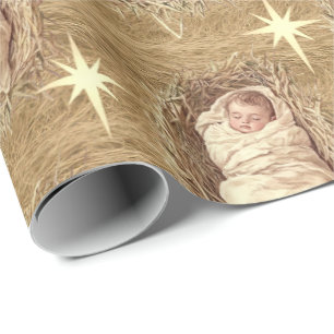 Baby Jezus Waterverf Krib Stro Cadeaupapier