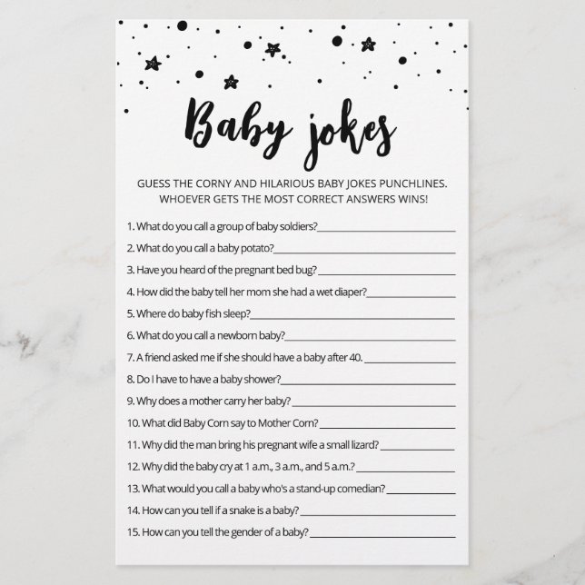 Baby Jokes Baby shower spel met antwoorden (Voorkant)