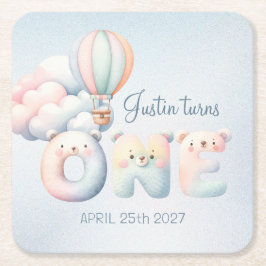 Baby jongen 1e verjaardag teddybear hete luchtball kartonnen onderzetters